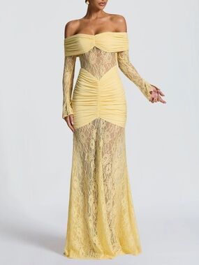 Off-Shoulder Yellow Lace Evening Gown